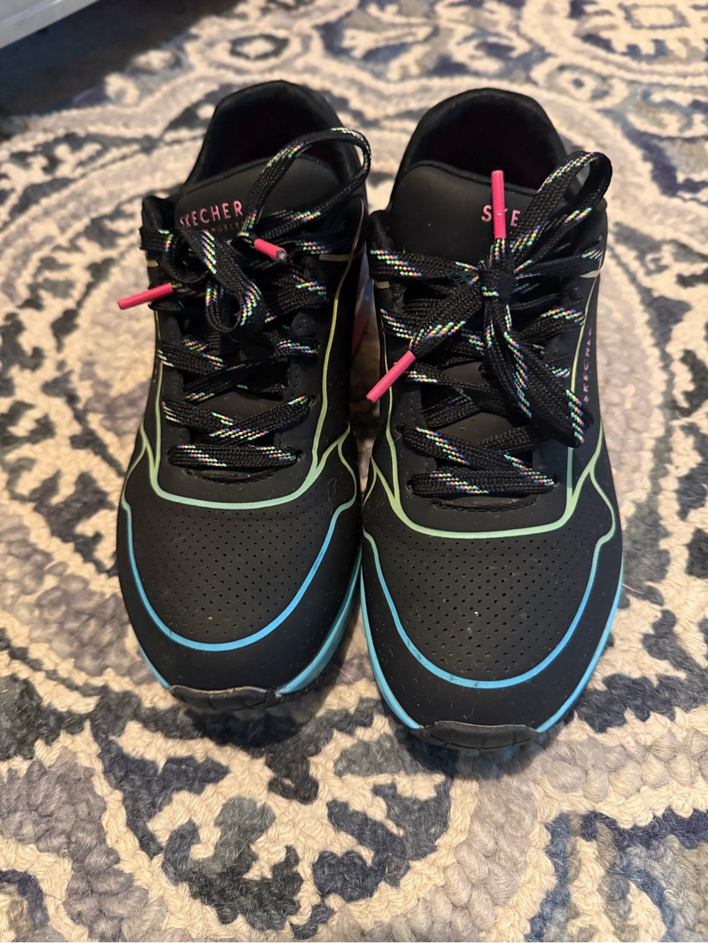 Skechers Uno Pop 0f Sunshine. Black Sneakers with Teal, Lime & Pink Accents